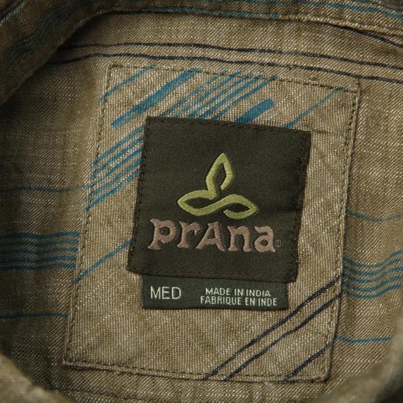 prAna Shirt Mens Medium Olive Stripe Button Down Organic Cotton Long Sleeve - Picture 4 of 11